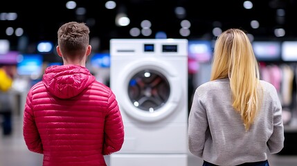 Couple viewing a washing machine in an appliance store.