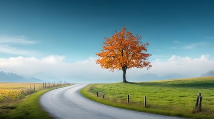 Naklejka premium Exploring autumn serenity a vibrant orange tree on a winding road in nature's tranquil landscape