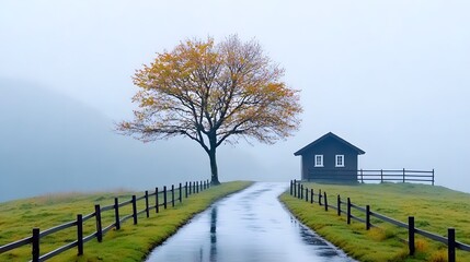 Serene autumn landscape with isolated house and tree misty road nature photography tranquil environment wide angle view solitude concept