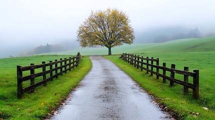 Fototapeta premium Tranquil tree amidst misty pathway scenic landscape nature photography serene environment wide view peaceful concept