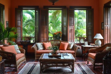 Tropical living room with wicker furniture, orange cushions, and large windows. Perfect for showcasing relaxation, vacation, or tropical home decor themes.