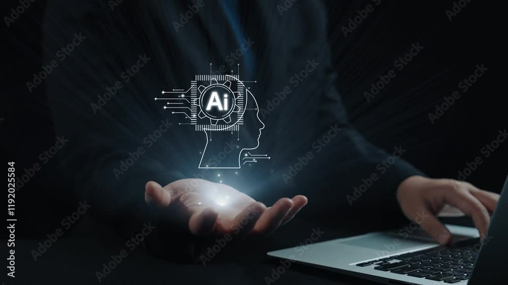 Poster human interact with ai artificial intelligence brain processor in concept of ai artificial intellige