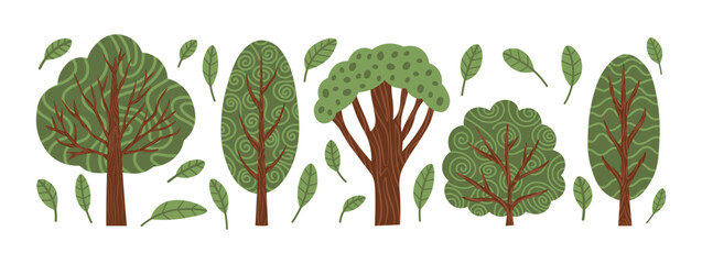 Summer spring forest, woods, woodland, trees botanical elements, leaves. Plants Set. Hand drawn vector illustration for textiles, scrapbooking, merchandise, greeting cards.