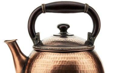 Traditional antique copper kettle with dark brown handle, captured on white background,