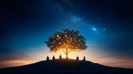 Illuminated tree gathering serene landscape nature scene night sky tranquil setting community connection