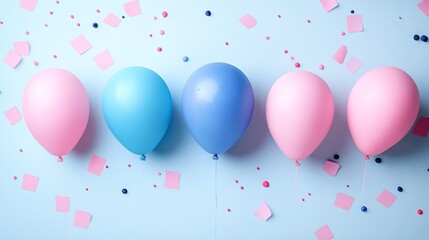 Pink and blue balloons, confetti, celebration background, party