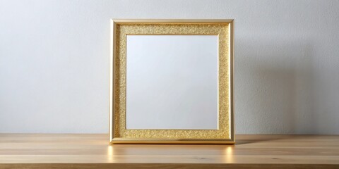 A high-end gold glitter rectangle frame sitting atop a sleek modern desk, with a minimalist transparent background, creating a sense of elegance and refinement , gold, desk