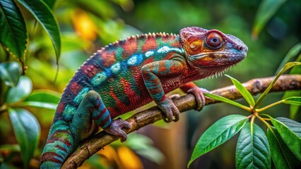Fototapeta premium An Ambanja panther chameleon is crawling along a branch of a large tree in the forest with leaves and vines surrounding it, highlighting its climbing abilities , reptile, wildlife