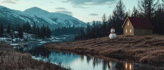 Fototapeta premium Winter Wonderland Snowman Cabin Snowy Mountains River