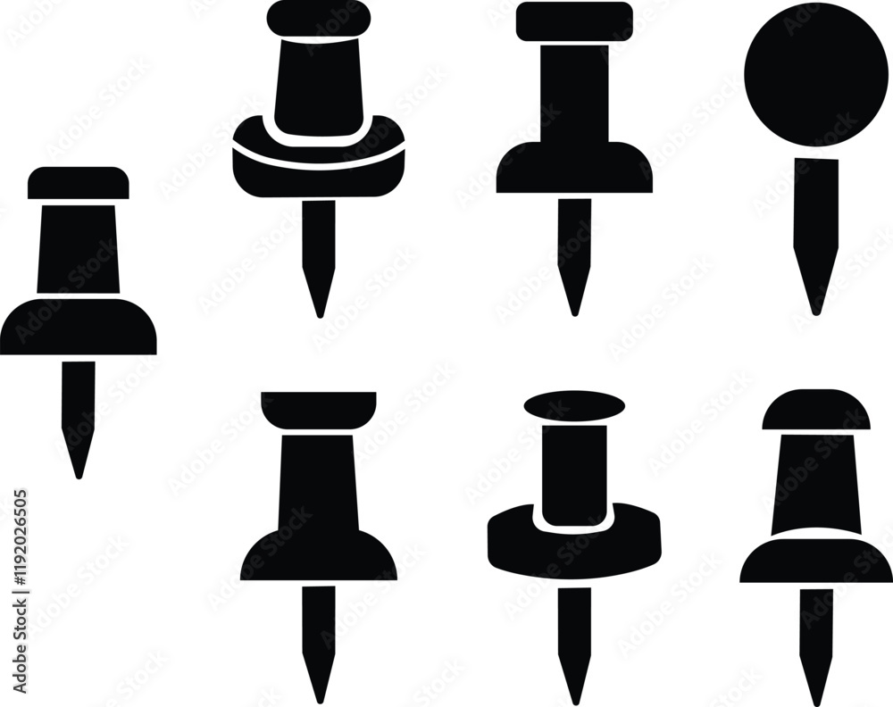 Poster push pin icons set flat styles. thumbtack for note attach. paperclip symbols illustration. a needle 