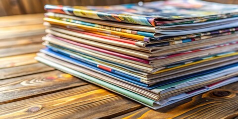 A stack of colorful magazines with various covers and editions, arranged neatly on a wooden table or desk, creating a visually appealing and organized display , organization inspiration, study area