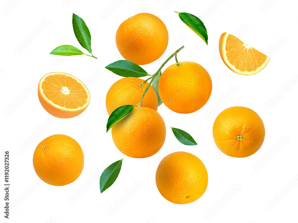 Sticker Orange fruit with leaf isolated on transparent background.