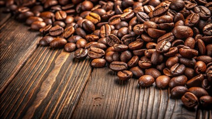 Fototapeta premium Close-up image of coffee beans on a dark wooden table background with rich brown and beige tones