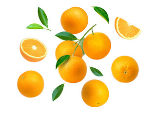 Orange fruit with leaf isolated on transparent background.