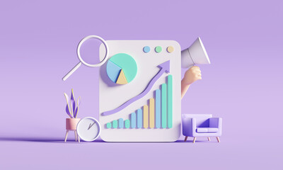 Graph display and various business-related icons. represents the concept of data analysis, goal setting, and achieving success in business. 3d rendering