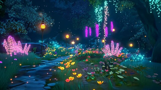 Magical night garden path with glowing flowers, lanterns, and trees.