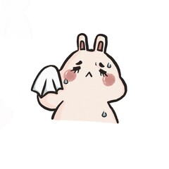 A cute cartoon rabbit wiping tears with a tissue, ideal for emotional content, greeting cards, or stickers.