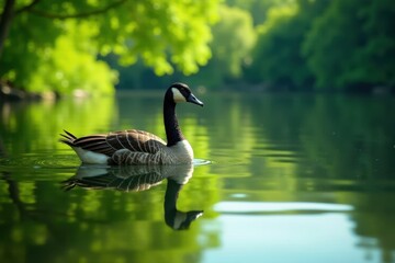 Obraz premium Graceful goose by tranquil lake, vibrant summer greenery mirrored, goose, bird