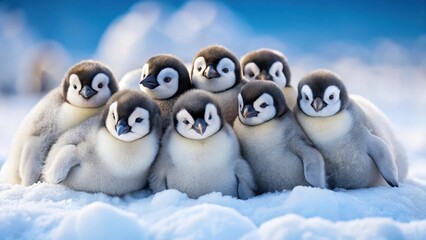 Fototapeta premium Emperor penguin chicks snuggled up together in the snow, their downy feathers puffed out for warmth , snow wildlife, frozen landscape