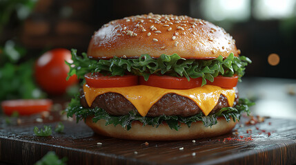hamburger on a wooden table, Classic Cheeseburger with Fresh Ingredients and Sesame Bun, Burger, Chesse Burger, Beef Burger