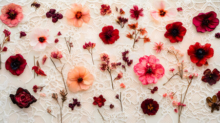 Floral Arrangement of Pink and Red Flowers on Delicate Lace Background
