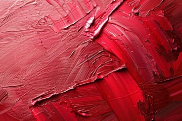 Many rough red smears of acrylic oil paint on flat surface. Detailed photo textured background