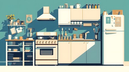 Modern kitchen appliance set including coffee maker, blender, and fridge, shown in flat cartoon style