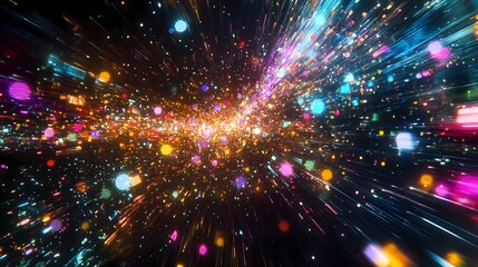 Fototapeta premium Vibrant Colorful Lights Creating Dynamic Motion Effect in Cosmic Space with Blurred Stars and Glittering Particles Representing Abstract Background