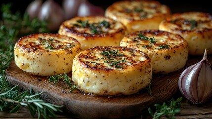 Delicious golden-brown potato cakes garnished with herbs.