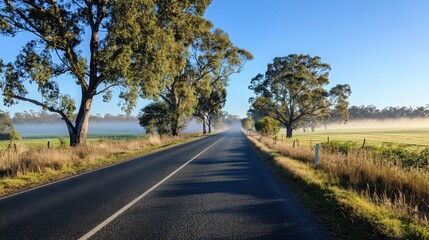 Fototapeta premium Foggy morning drive on a rural road surrounded by lush greenery capturing nature's tranquility in the early light