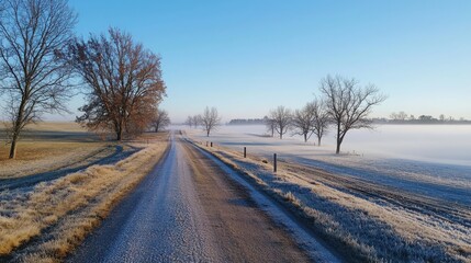 Obraz premium Foggy morning on a rural road nature landscape photography serene environment wide angle view
