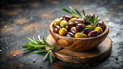 Aromatic olives and rosemary sprigs in a traditional wooden bowl, set against a rustic stone background , herbs, wood,  herbs