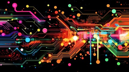 Abstract Digital Circuit Background with Colorful Lights, Circles, and Lines Illustrating Technological Innovation and Modern Design