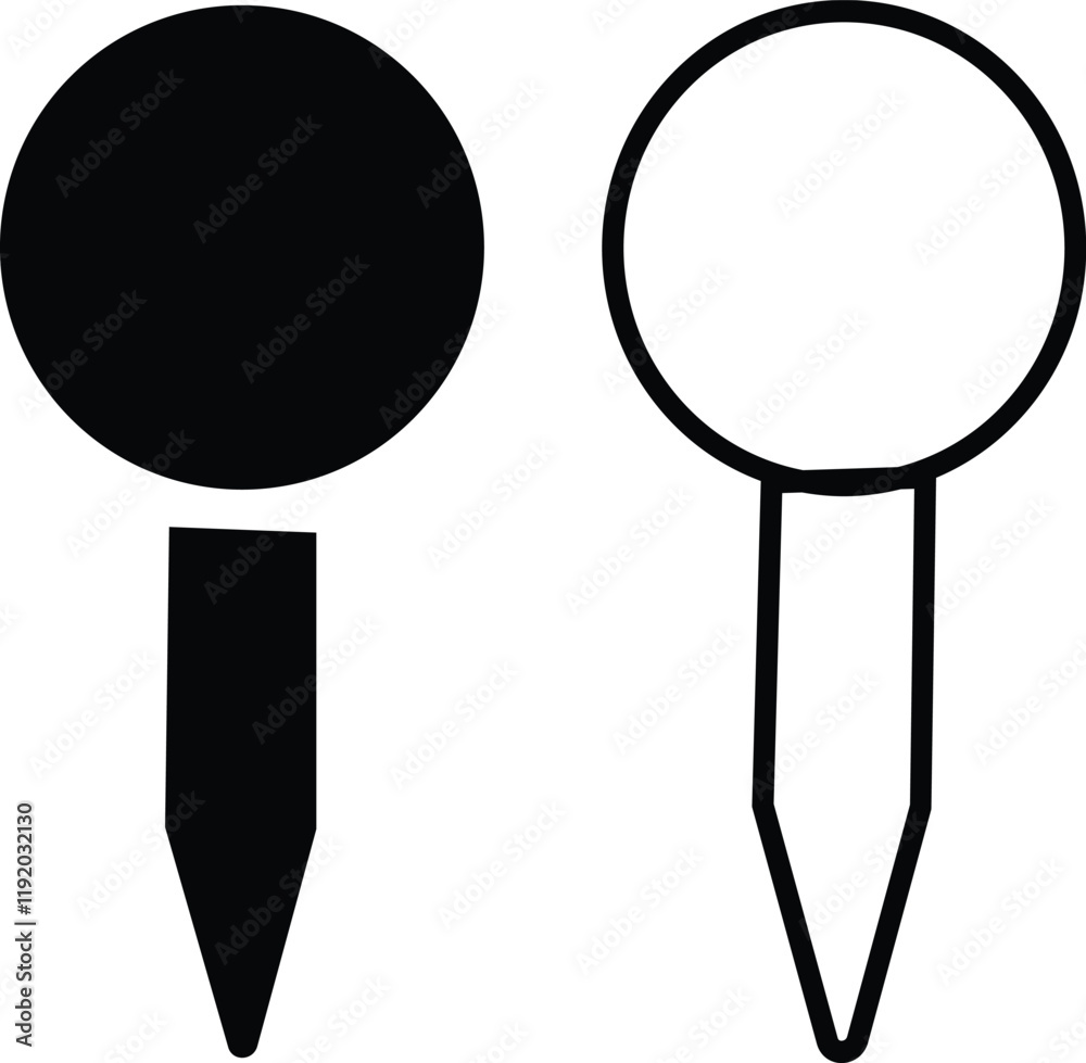 Poster push pin icons set in flat and outline styles. thumbtack for note attach. paperclip symbols. a needl
