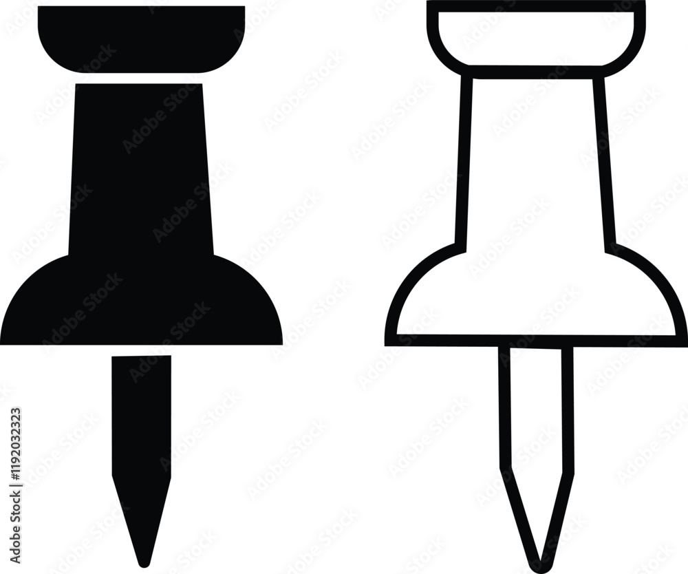 Poster push pin icons set in flat and outline styles. thumbtack for note attach. paperclip symbols. a needl