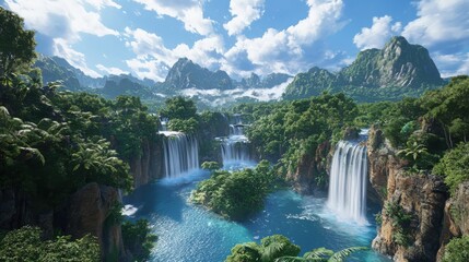Fototapeta premium Majestic waterfall cascading through lush greenery tropical paradise landscape photography bright day aerial view nature's serenity