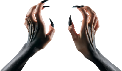 Mysterious woman s hands with long black nails isolated transparent background dramatic pose