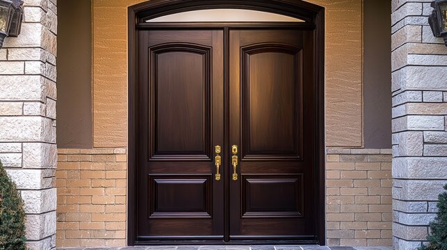 Classic double door in dark wood set against warm brick.