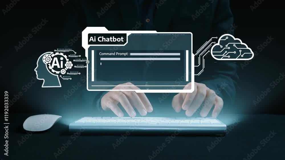Poster human interact with ai artificial intelligence virtual assistant chatbot in concept of ai artificial