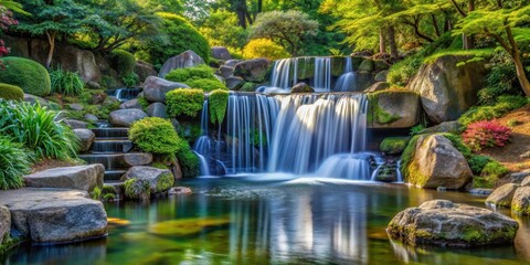 Naklejka premium Serene Waterfall in Japanese Garden, water feature, peaceful, water feature