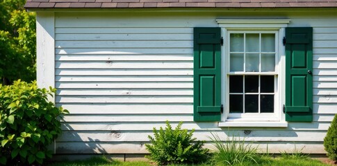 Fototapeta premium Weathered clapboard Cape Cod house with bay window and green shutters, traditional american homes, green shutters