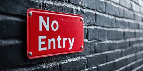 Obraz premium Bright red no entry sign on black brick wall. Prohibition sign in unique setting.