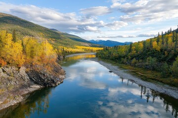 Fototapeta premium Autumn serenity a tranquil river winding through vibrant foliage in nature's embrace scenic landscape peaceful reflection