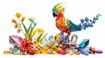 A cockatoo bird statue, made from colorful stones, standing near a vibrant gemstone flower plant, isolated on a white background.