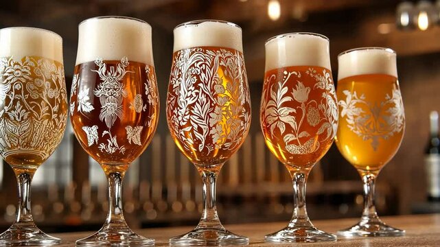 Craft beers served in beautifully engraved glasses on a rustic bar counter during an evening gathering