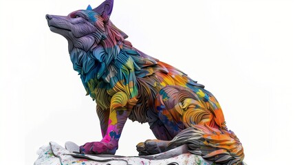 A colorful stone wolf statue, isolated and placed on a white background, showcasing fine details.