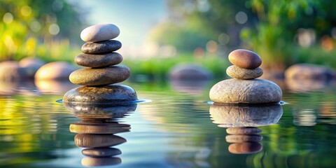 Obraz premium Balanced Zen Rocks on Pebbles Covered with Water and Reflections, nature, rocks, nature, rocks, outdoors, reflections