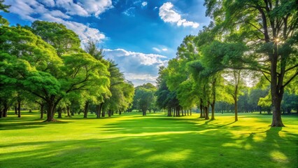 Obraz premium A lush green grass field in a public park with tall trees and a serene atmosphere, perfect for relaxation and nature photography