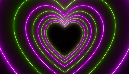 Illustation of many hearts in neon green and magenta on dark background - abstract background.