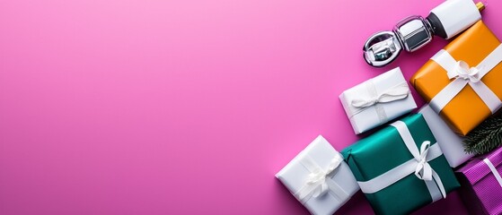 Obraz premium Festive Gift Boxes on Pink Background Christmas Presents Holiday Surprise